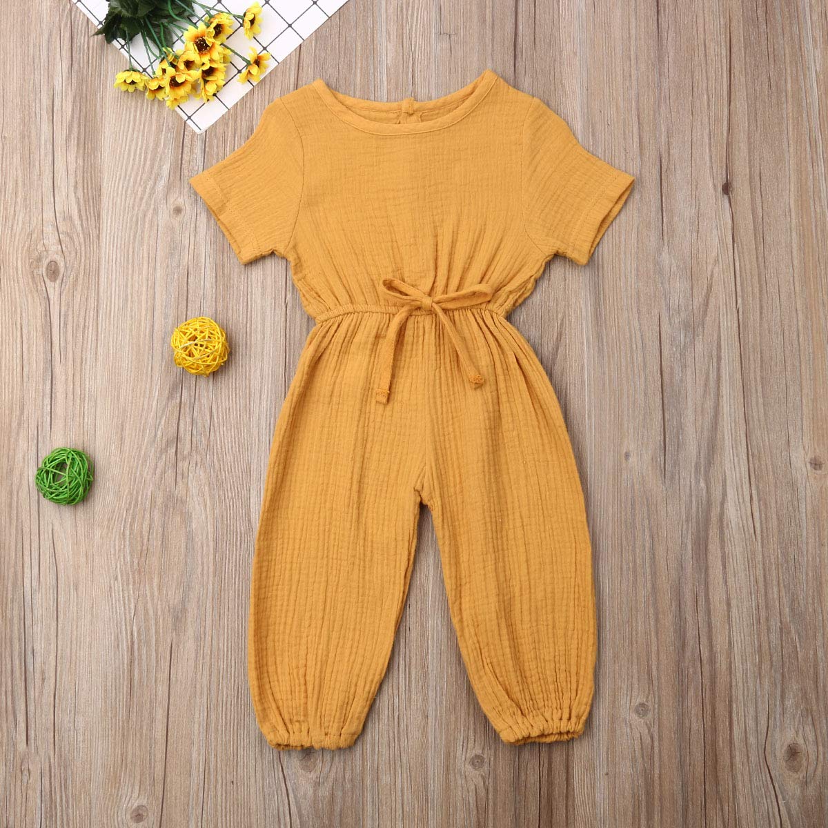 Toddler Baby Girl Summer Fall Basic Plain Short Sleeve Cotton Linen Drawstring Romper Jumpsuit (Mustard Yellow, 6-12 Months)