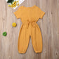 Toddler Baby Girl Summer Fall Basic Plain Short Sleeve Cotton Linen Drawstring Romper Jumpsuit (Mustard Yellow, 3-4T)