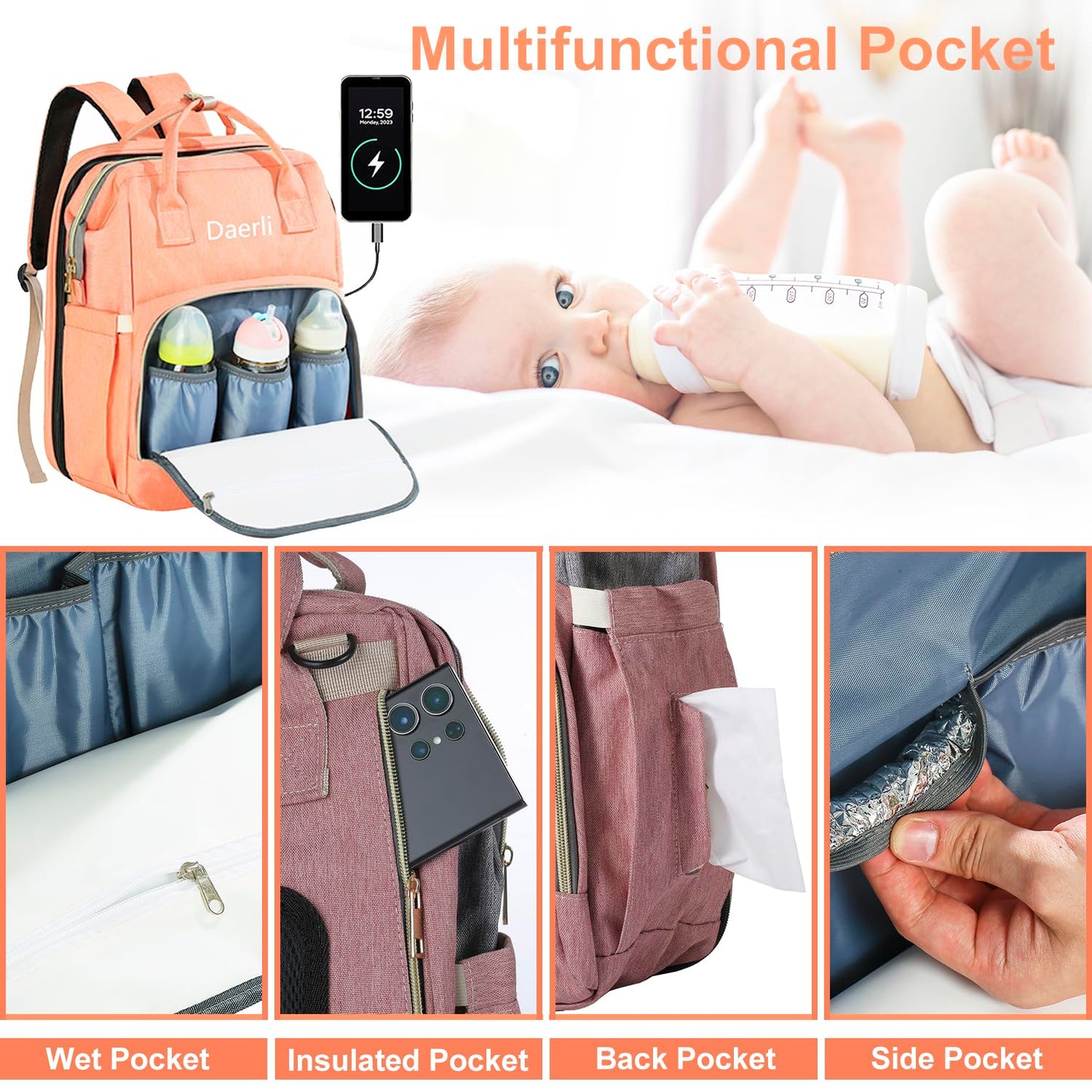 Daerli Diaper Bag With Changing Station, Large Diaper Bag Backpack, Multifunctional Baby Diaper Bag (Pink)