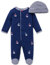 Little Me Clothes For Baby Boys' 2-Piece 100% Cotton Sailboat Footie Sleeper And Cap Set, 6 Months