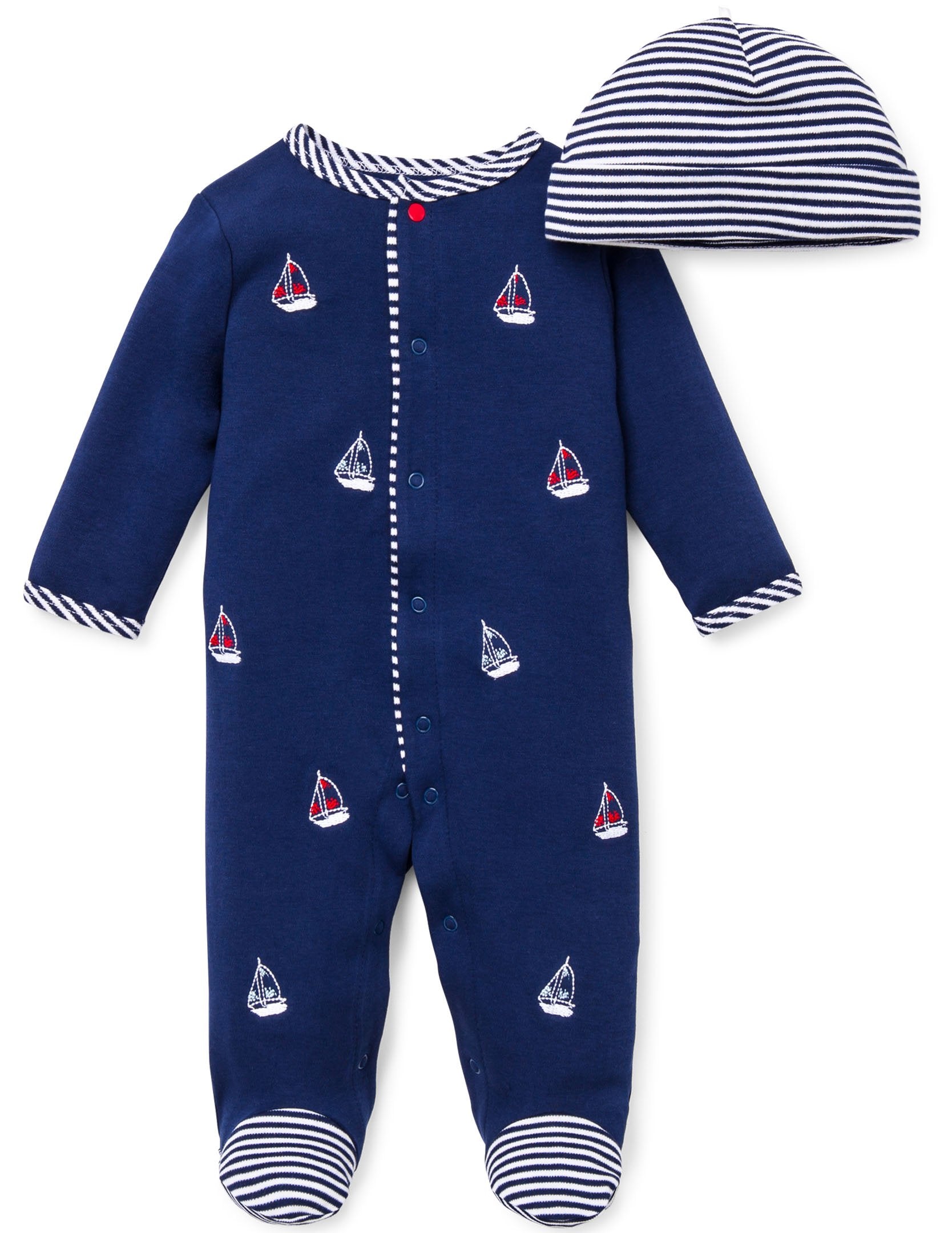 Little Me Clothes For Baby Boys' 2-Piece 100% Cotton Sailboat Footie Sleeper And Cap Set, 6 Months