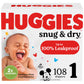 Huggies Size 1 Diapers, Snug & Dry Newborn Diapers, Size 1 (8-14 Lbs), 108 Count, Packaging May Vary