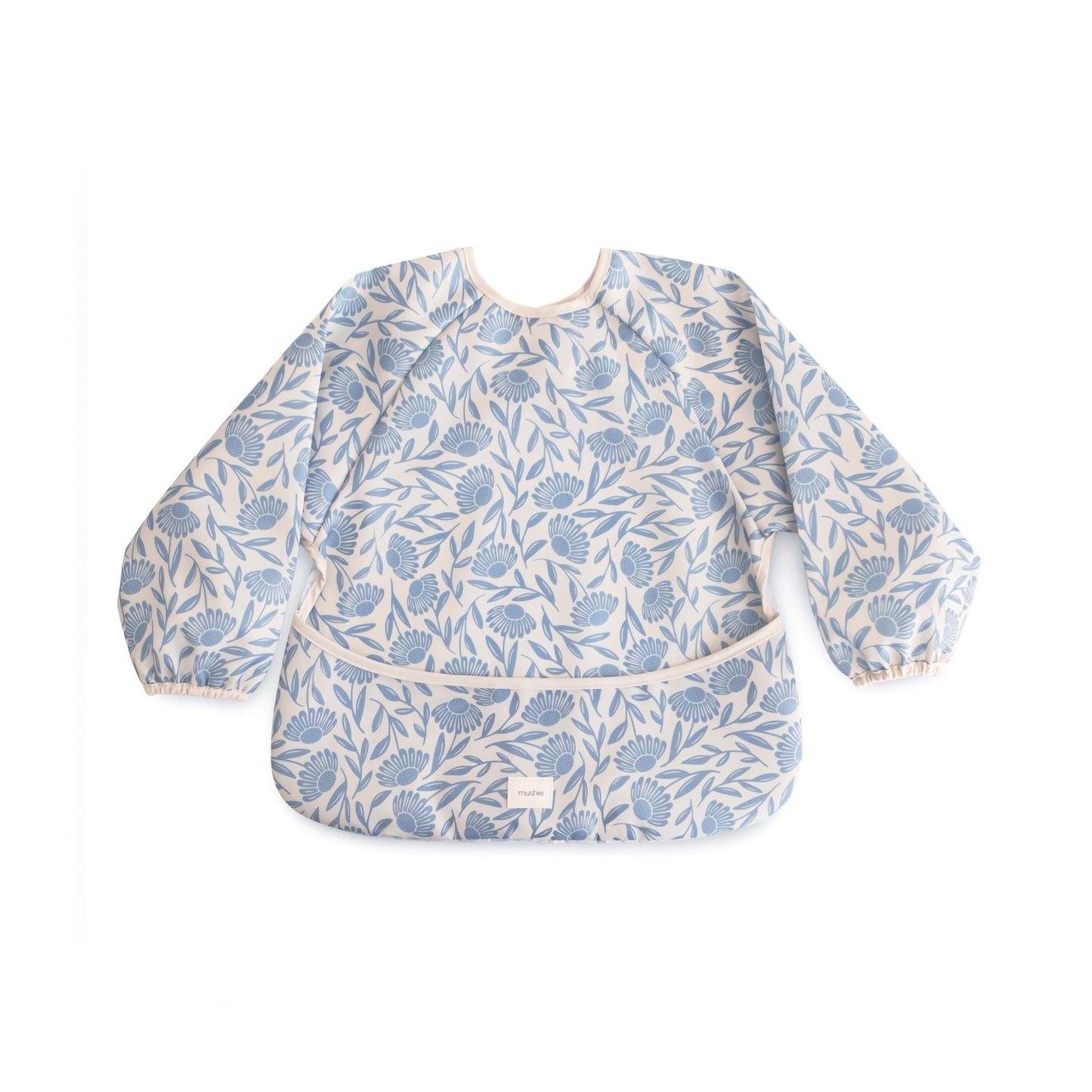 mushie Long Sleeve Baby Bib | Water Resistant Adjustable Fit for Ages 6-24 Months (Blue Flowers)