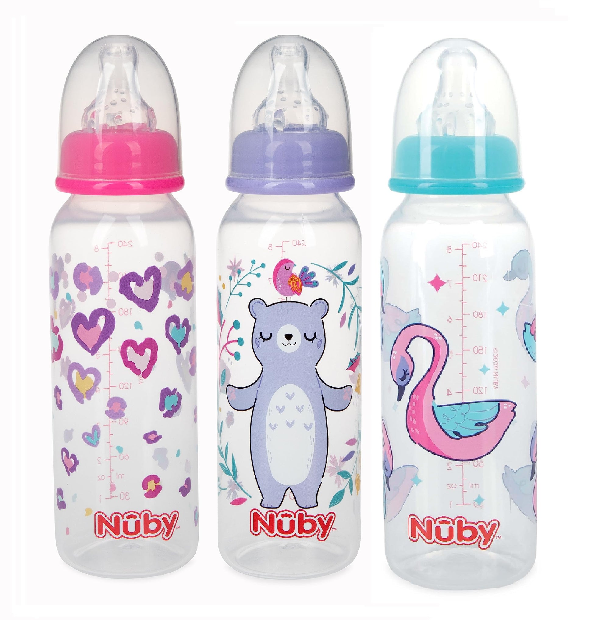 Nuby Standard Neck Tinted Bottle, 8 Ounce, 3 Pack - Pink, Purple, Aqua