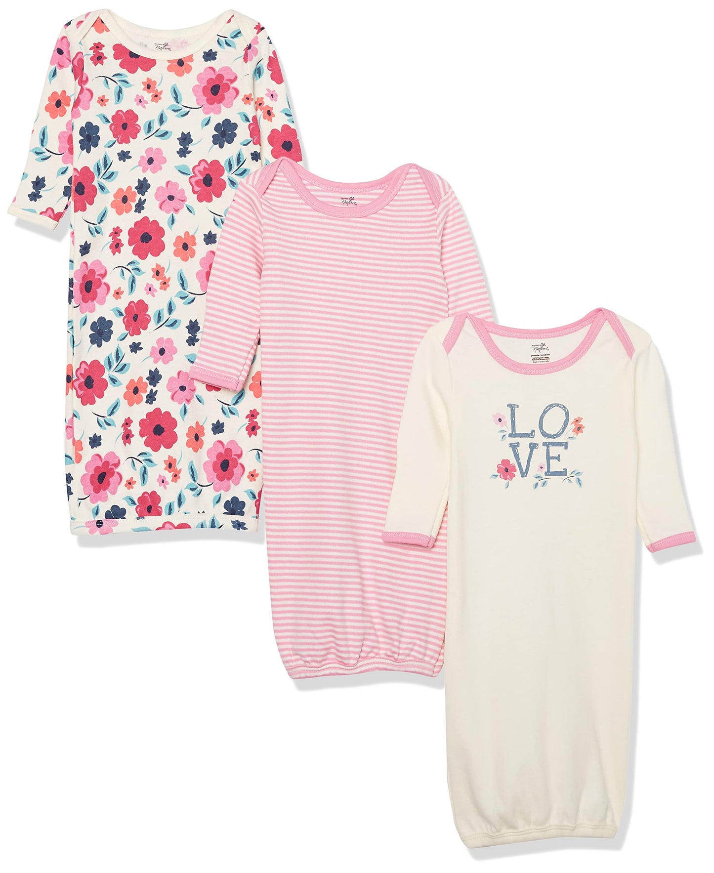 Touched by Nature Unisex Baby Organic Cotton Gowns, Garden Floral, Preemie/Newborn