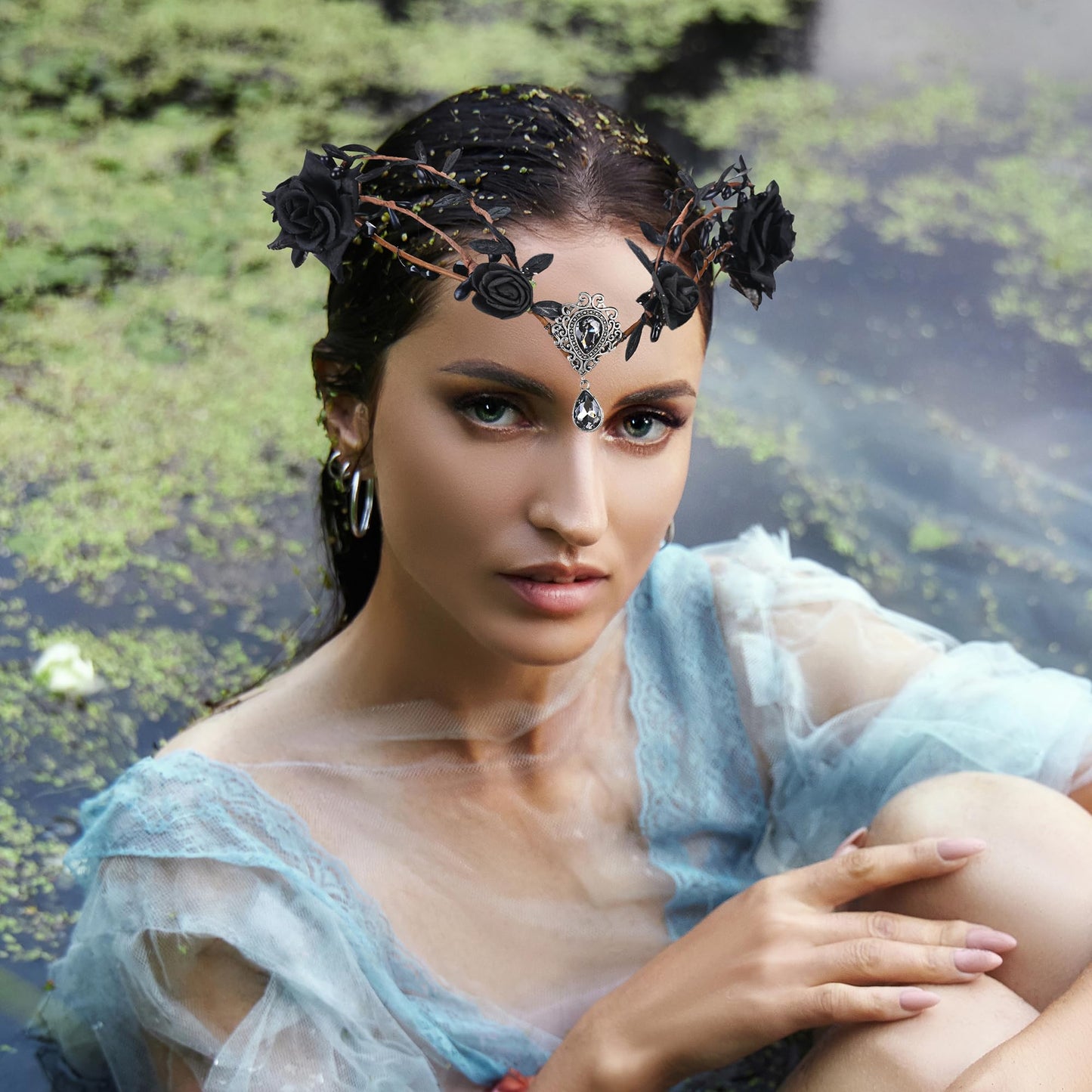 Renaissance Black Fairy Flower Crown - Handmade Elf Floral Headpiece With Crystal Gothic Elven Headpiece Woodland Tiara For Wome