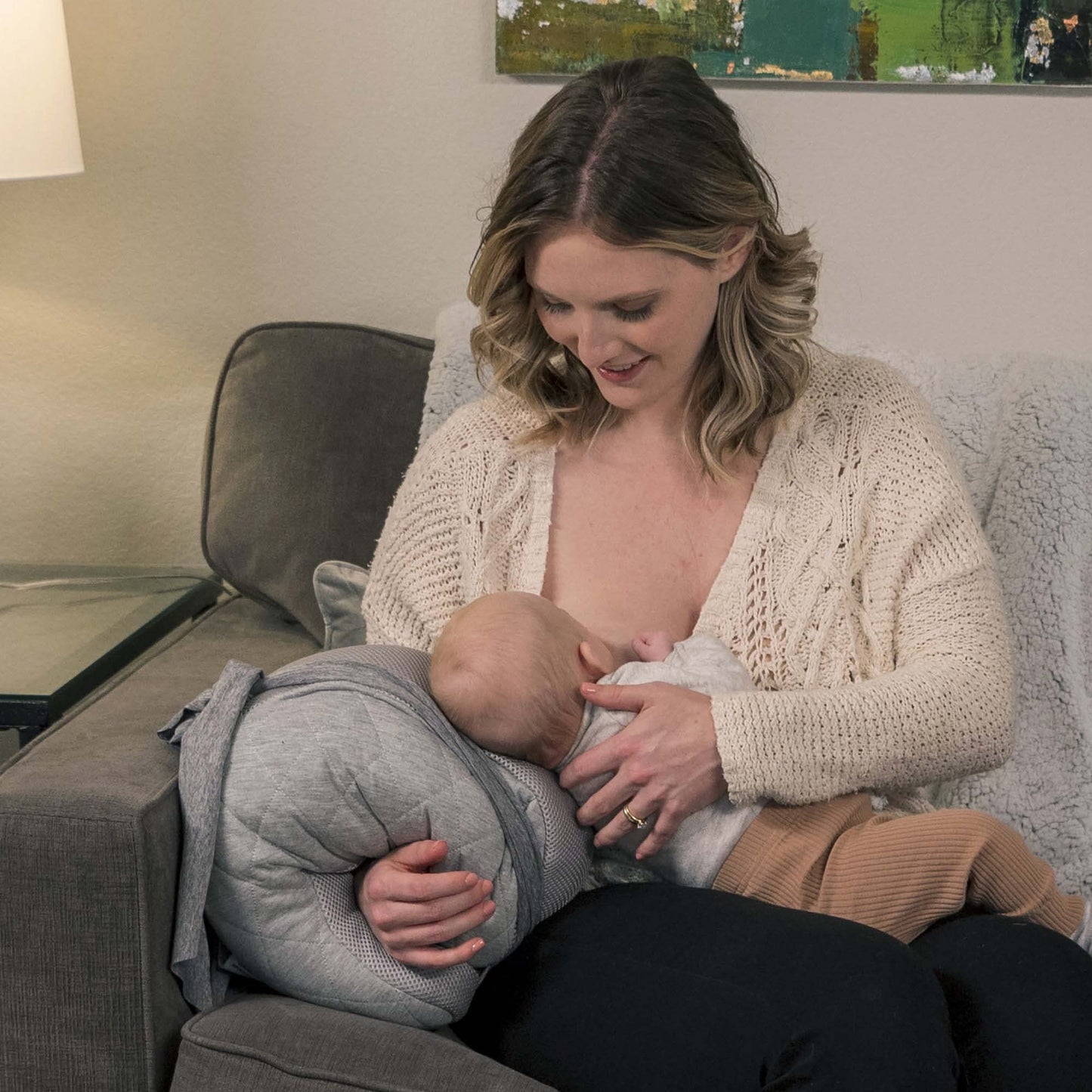 Boppy Anywhere Travel Nursing Pillow, Soft Gray, Plus Sized To Petite With Stretch Belt, Portable Nursing Pillow, Breastfeeding