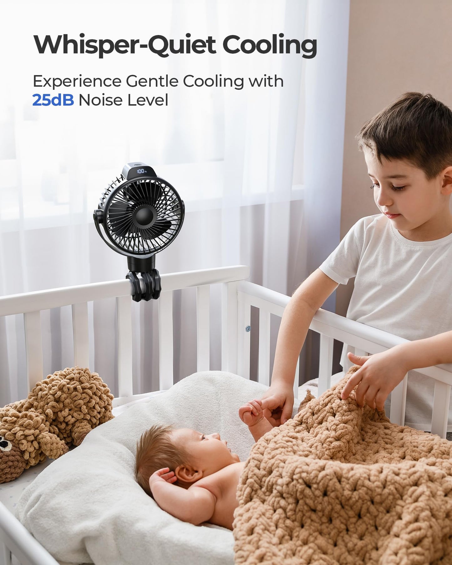 Koonie Portable Stroller Fan For Baby, Rechargeable Battery Operated, 3 Speeds, 360 Rotation, 25Db Low Noise,Digital Display, De