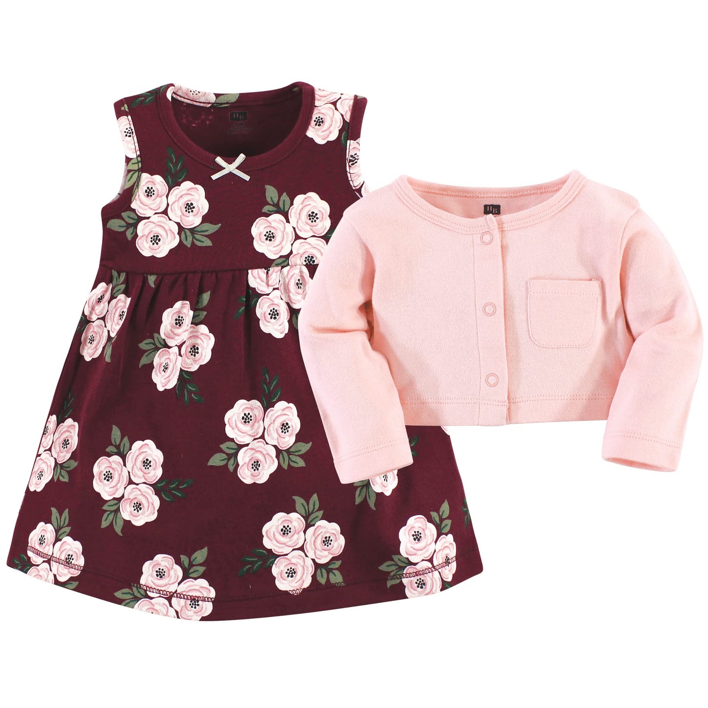 Hudson Baby Baby Girls' Cotton Dress And Cardigan Set, Burgundy Floral, 12-18 Months