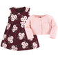 Hudson Baby Baby Girls Cotton Dress And Cardigan Set, Burgundy Floral, 3 Toddler