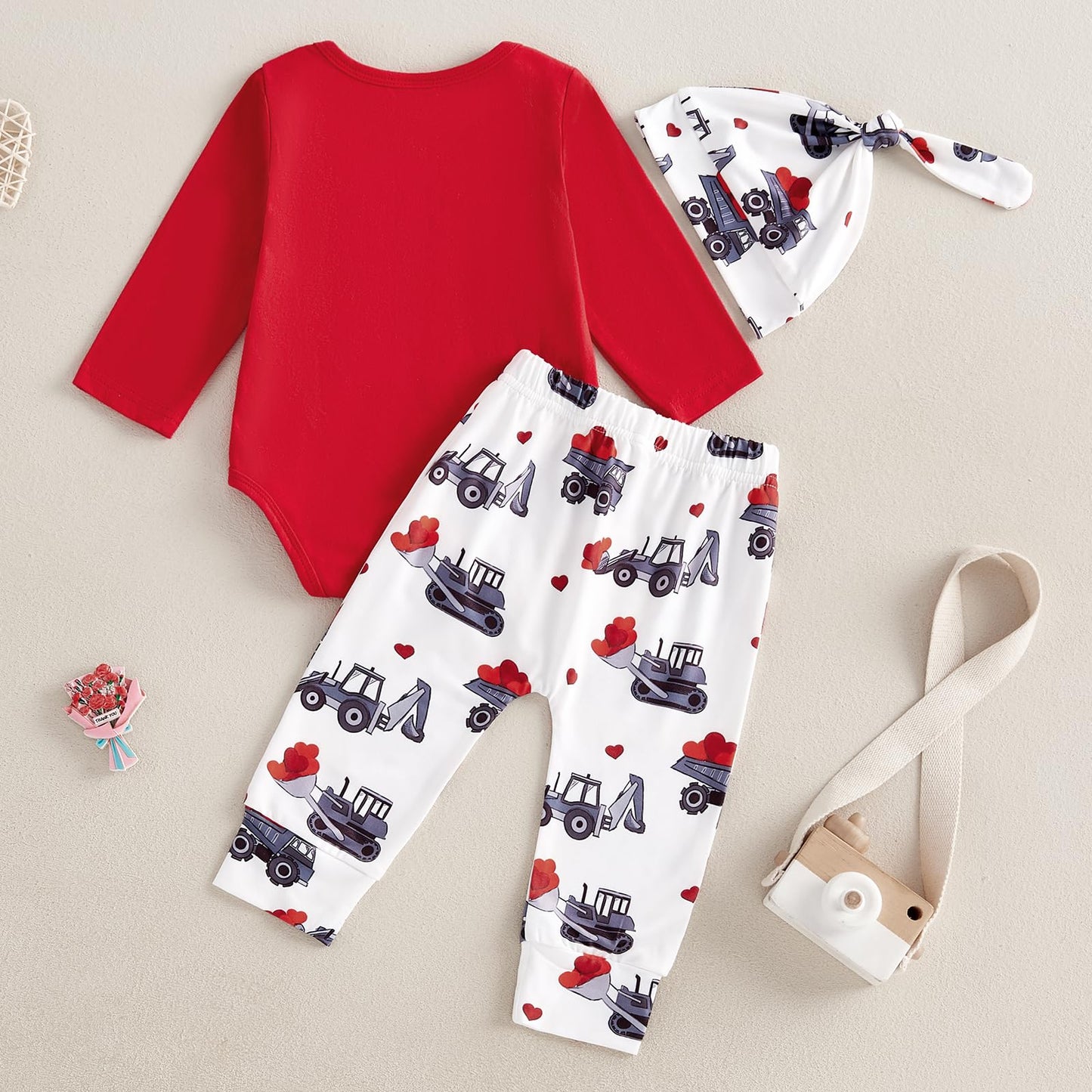 Newborn Baby Boy Valentines Day Outfit Letter Print Long Sleeve Romper Cart Love Heart Pants Hat Set 3Pcs Clothes (Red, 6-12 Mon