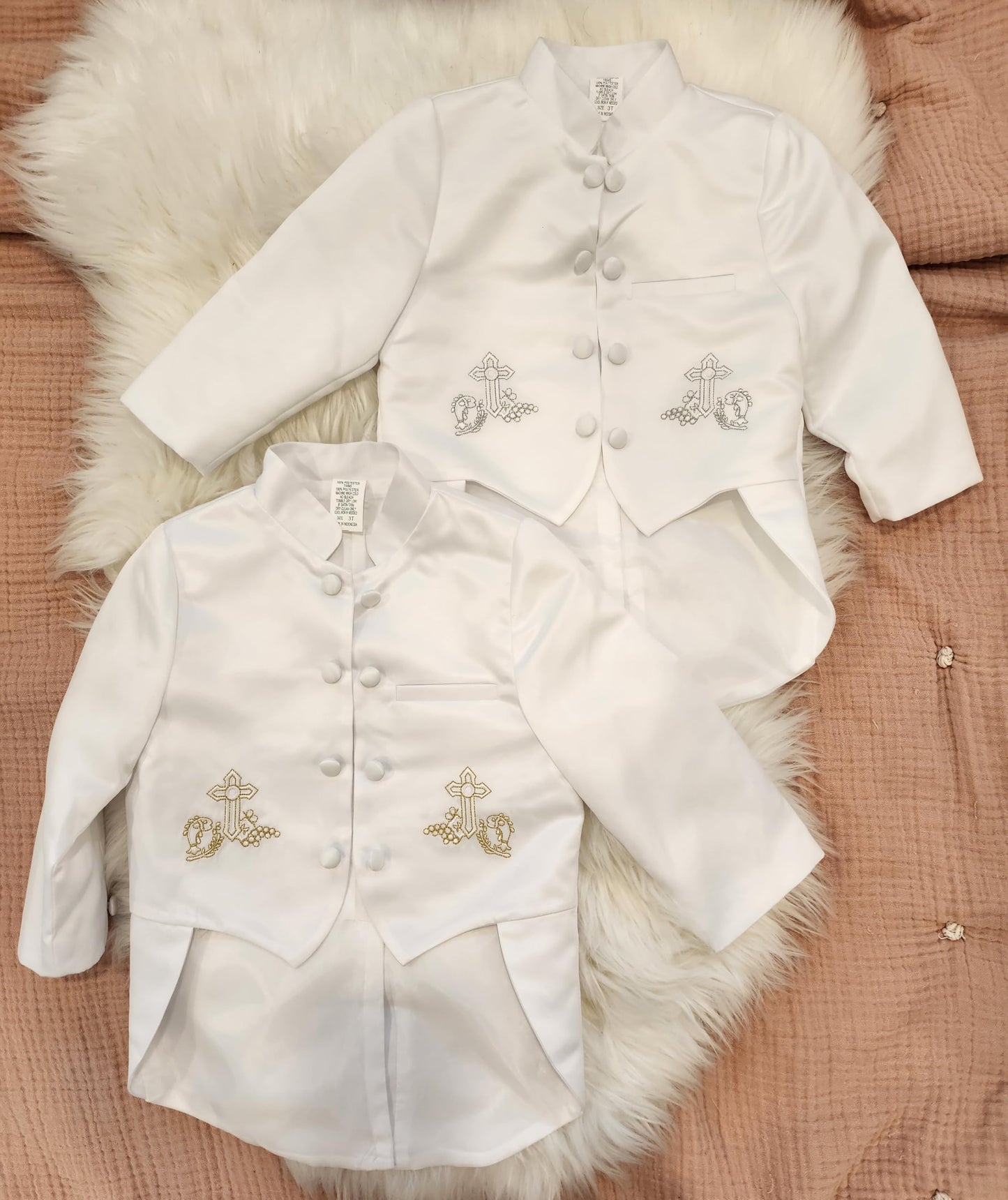 Igirldress Little Boys White Baptism Christening Mandarin Collar Tail 5 Pcs Tuxedo With Gold Cross Embroidery Size 5