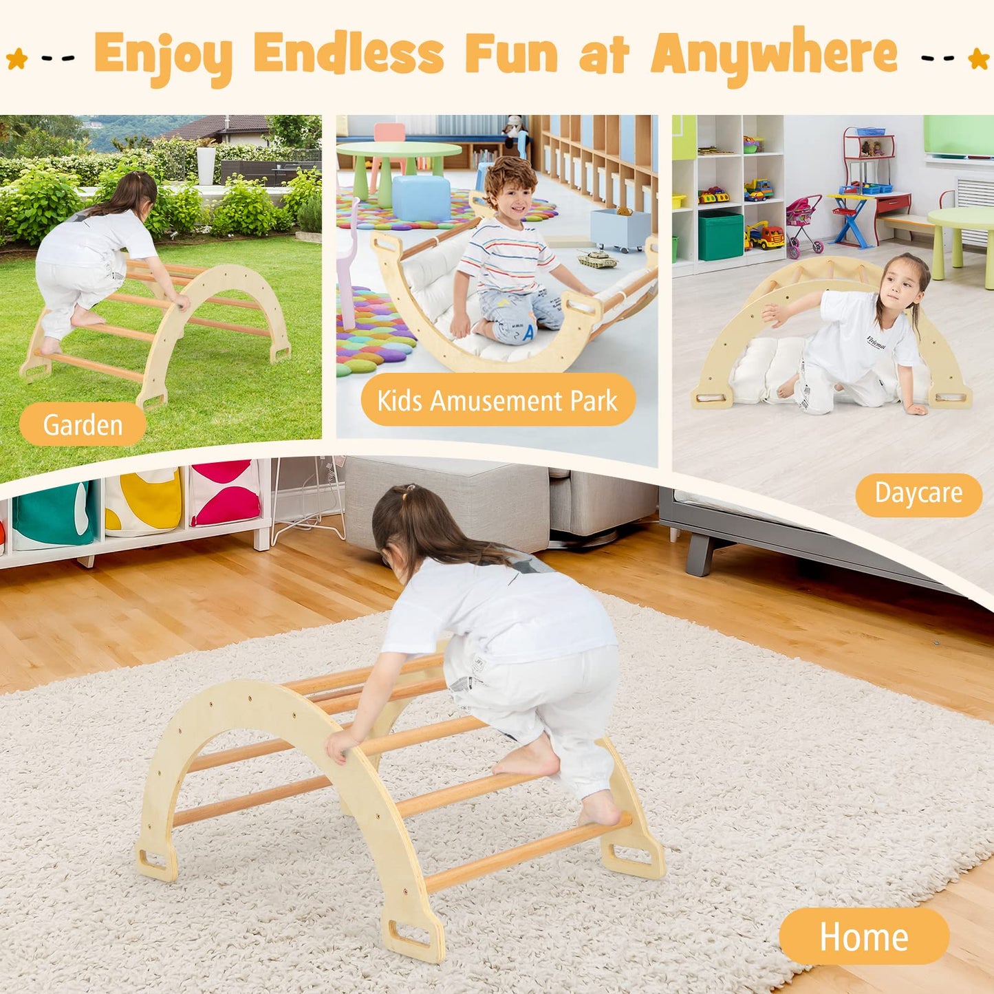 Costzon Climbing Toys For Toddlers, 2-In-1 Montessori Wooden Arch Climber Ladder Structure With Cozy Cushion, Children Indoor Ou