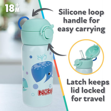 Nuby Thirsty Kids No Spill Flip-It Active Stainless Steel Travel Cup Or Water Bottle - 14 Oz - 18+ Months - Mint Whale