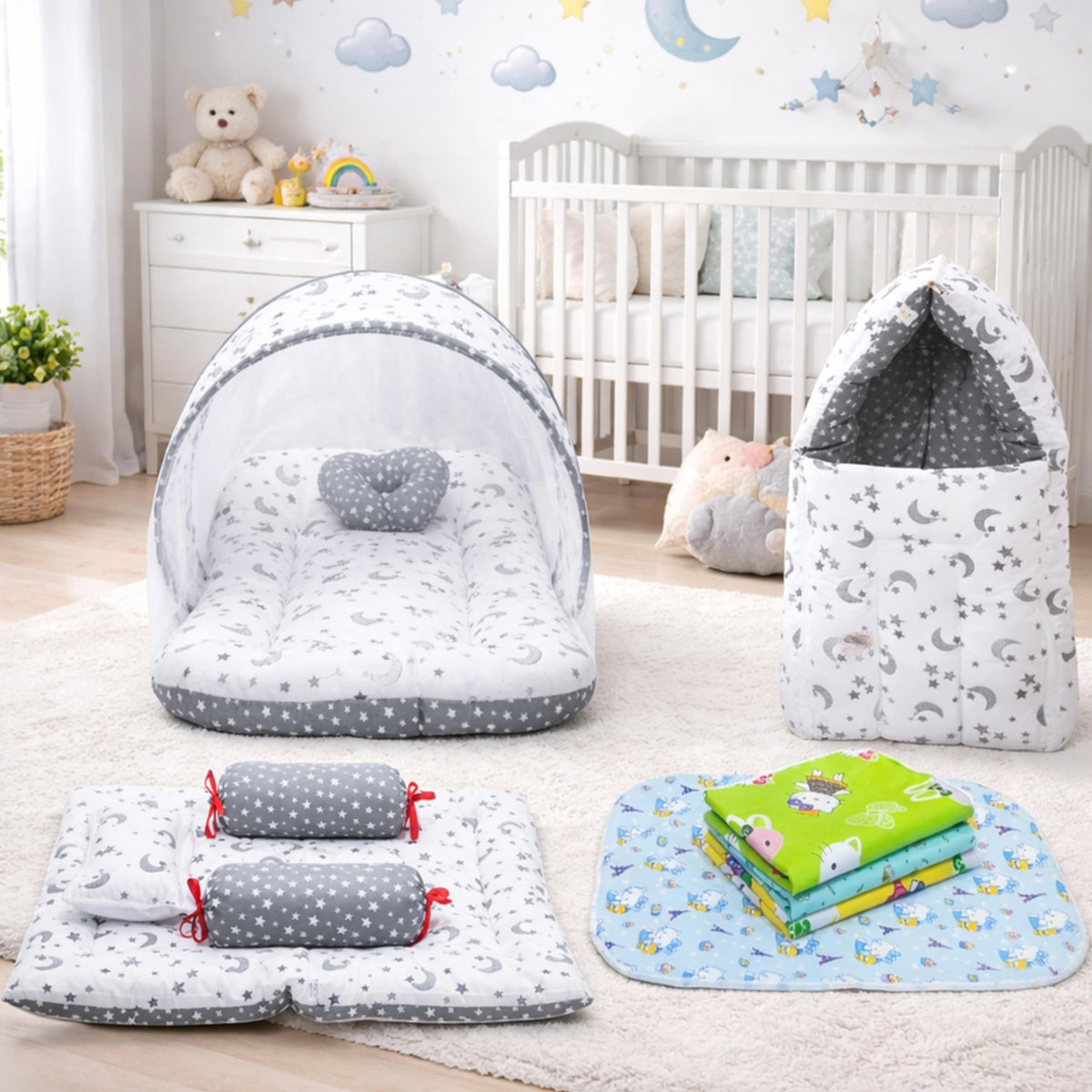 Infantbond Combo of Baby Bed with Net | Sleeping Bag | 4 Pcs Bedding Set | 4 Waterproof Sheets(06 Months) (Moon Grey)