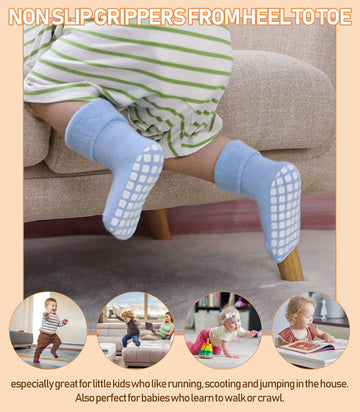 Lanleo Baby Girls Boys Non Slip Socks With Grips Toddler Kids Unisex Warm Thick Cotton Ankle Crew Socks With Grippers 6 Pairs Co