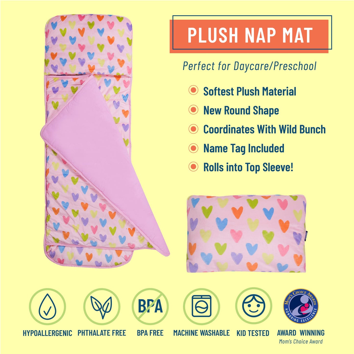 Wildkin Kids Plush Nap Mat - Soft, Cozy, Convenient For Daycare & Preschool - Pink Hearts