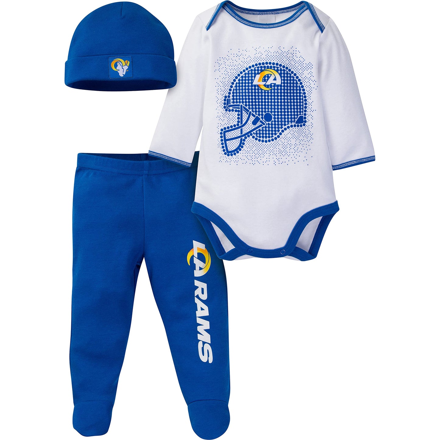 Gerber Nfl Los Angeles Rams 3 Pack Bodysuit Footed Pant And Cap Registry Gift Set, Blue Los Angeles Rams New, 6-9 Months