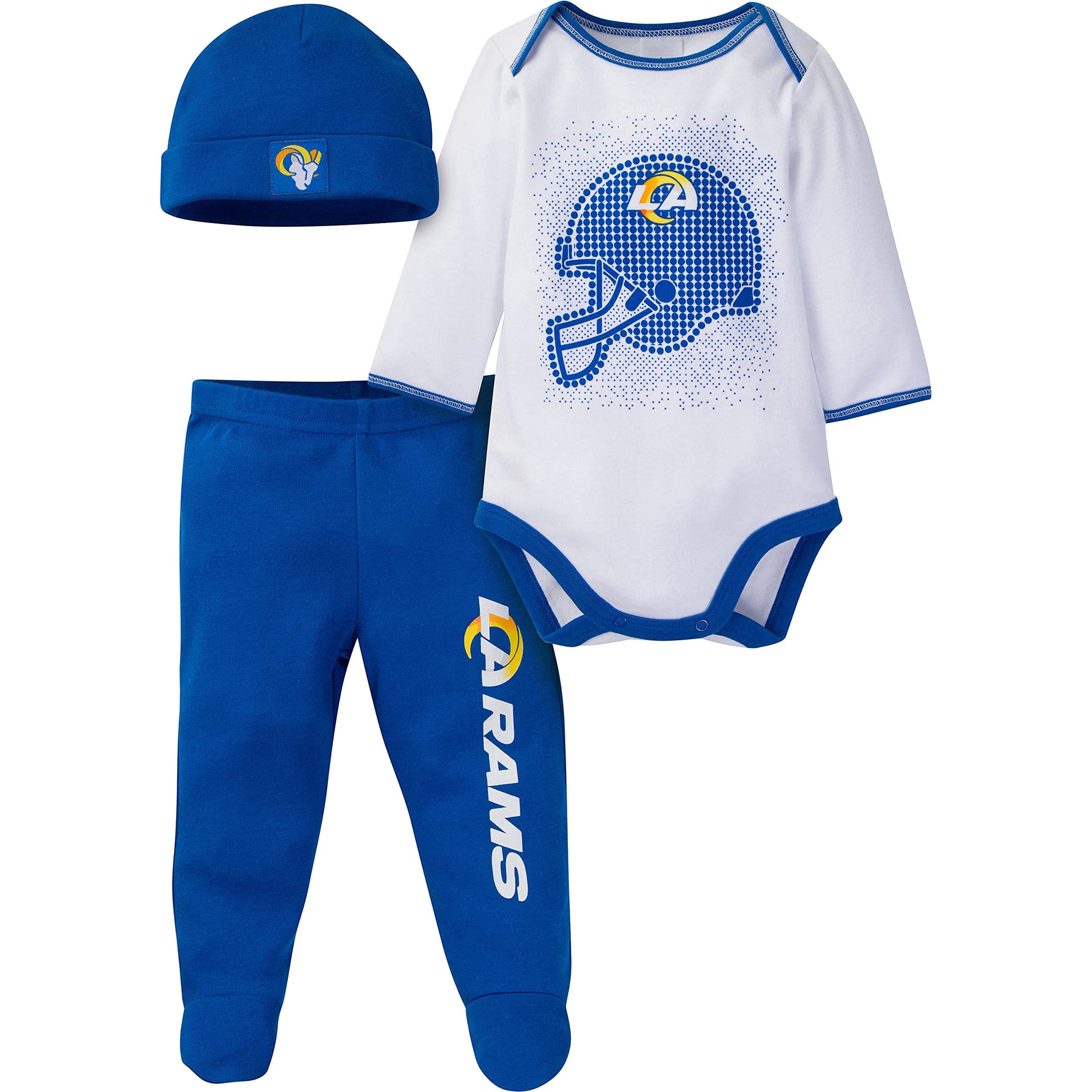 Gerber Nfl Los Angeles Rams 3 Pack Bodysuit Footed Pant And Cap Registry Gift Set, Blue Los Angeles Rams New, 6-9 Months
