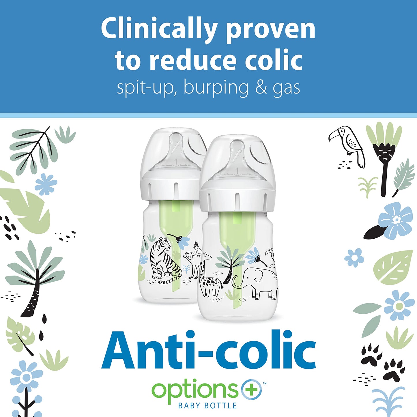 Dr Brownas Natural Flowa Anti-Colic Options+A Wide-Neck Baby Bottle Designer Edition Bottles, Jungle Decos, 5 Oz150 Ml, Level 1