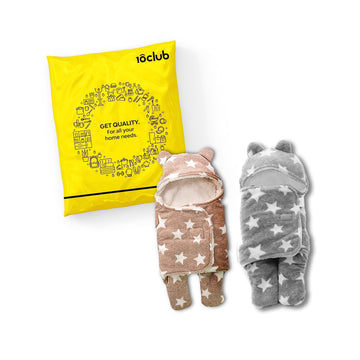 MY NEWBORN by 10 CLUB 3in1 Hooded Baby Blanket Wrapper with Velcro lock Set of 2 (Polka Grey & Brown) | All Season Soft Swaddl