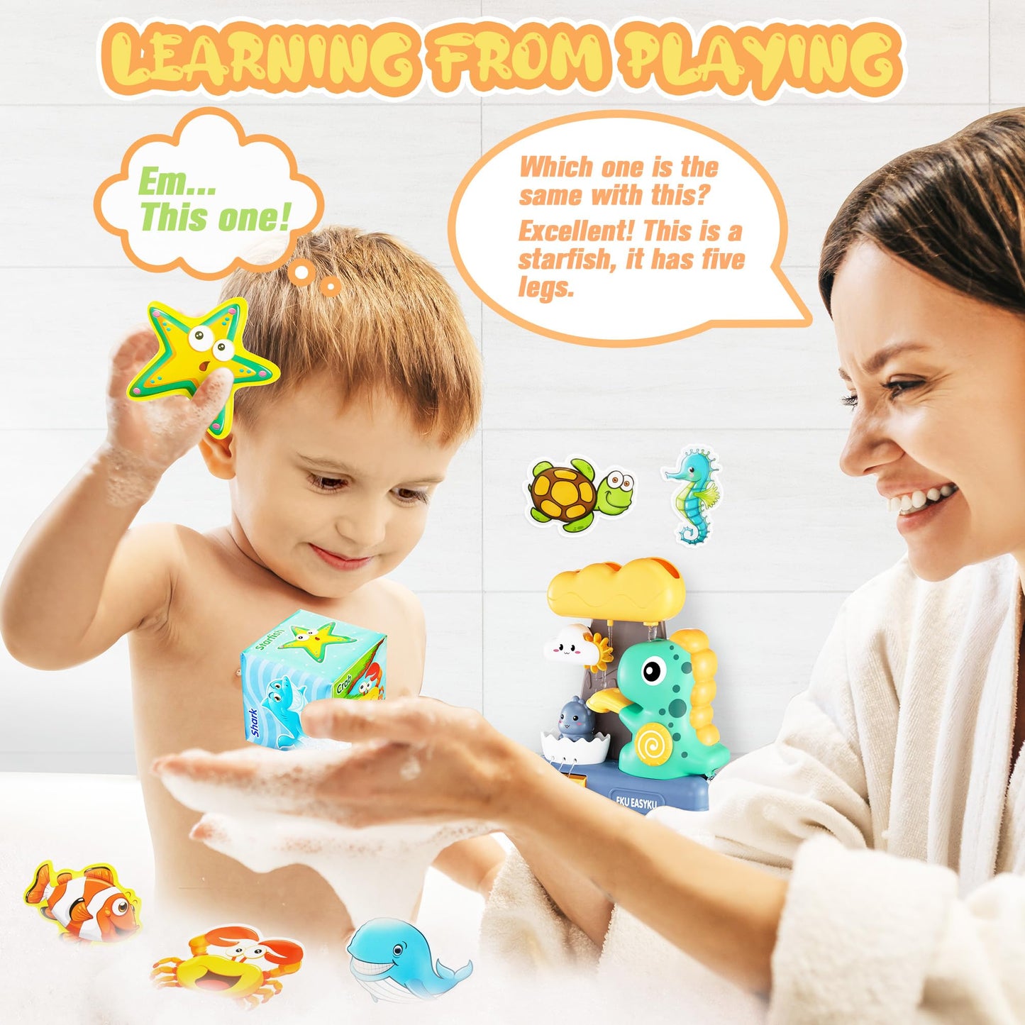 EKUEASYKU Dinosaur Bath Toys for Toddlers Shower Bath Time Fishing Games with Ocean Animals Dice Bathtub Toys Tub Gift for Baby