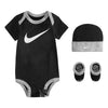 Nike Baby Hat, Bodysuit And Booties 3-Piece Gift Box Set, Black Swoosh, 6/12M