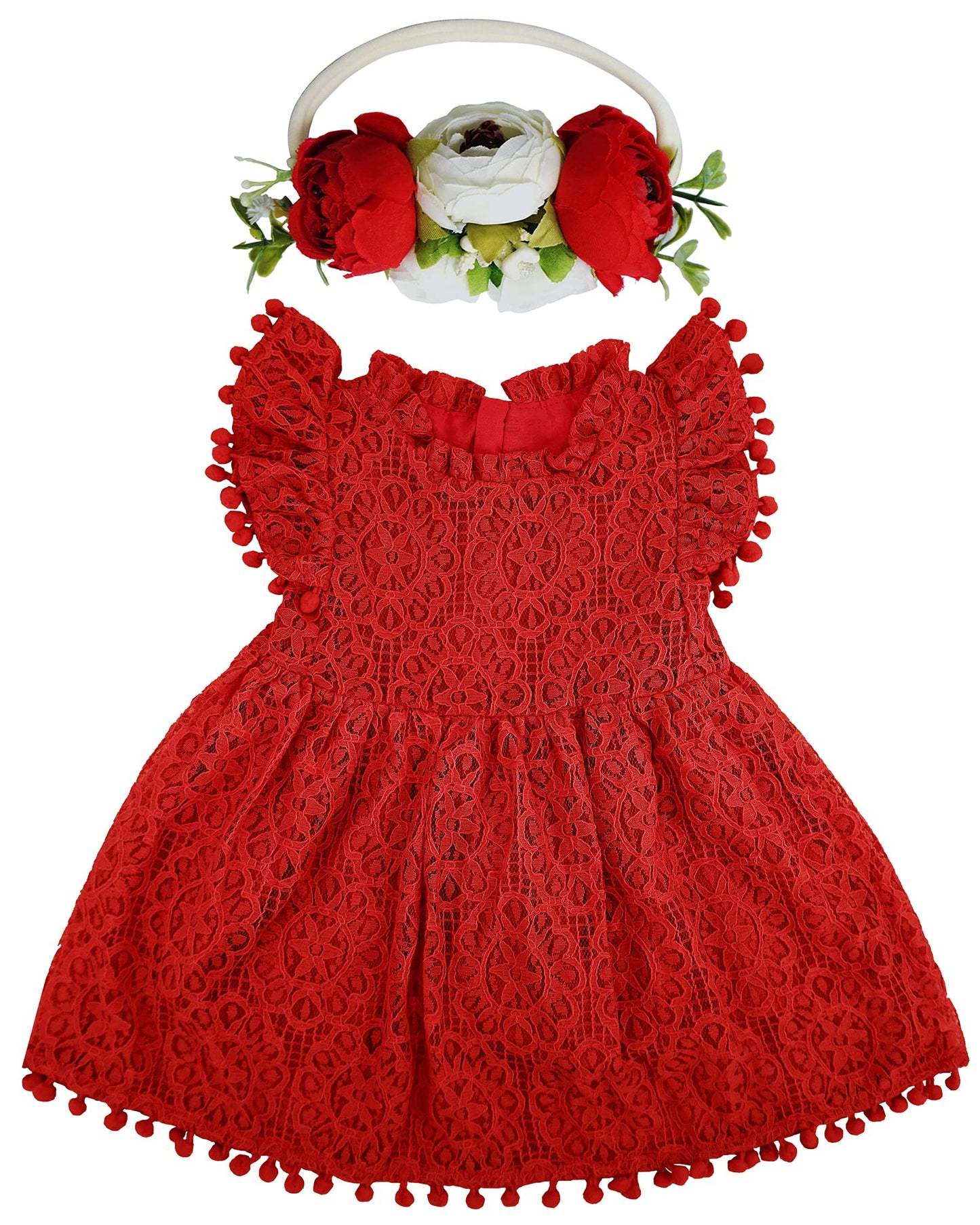 Bgfks Baby Girl Tutu Dress Elegant Lace Pom Pom Flutter Sleeve With Flower Headband Set(Red,3T)