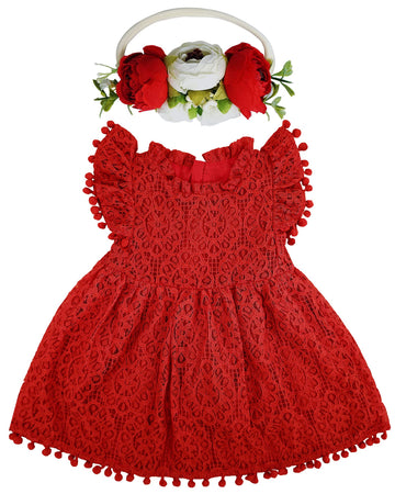 Bgfks Baby Girl Tutu Dress Elegant Lace Pom Pom Flutter Sleeve With Flower Headband Set(Red,2T)
