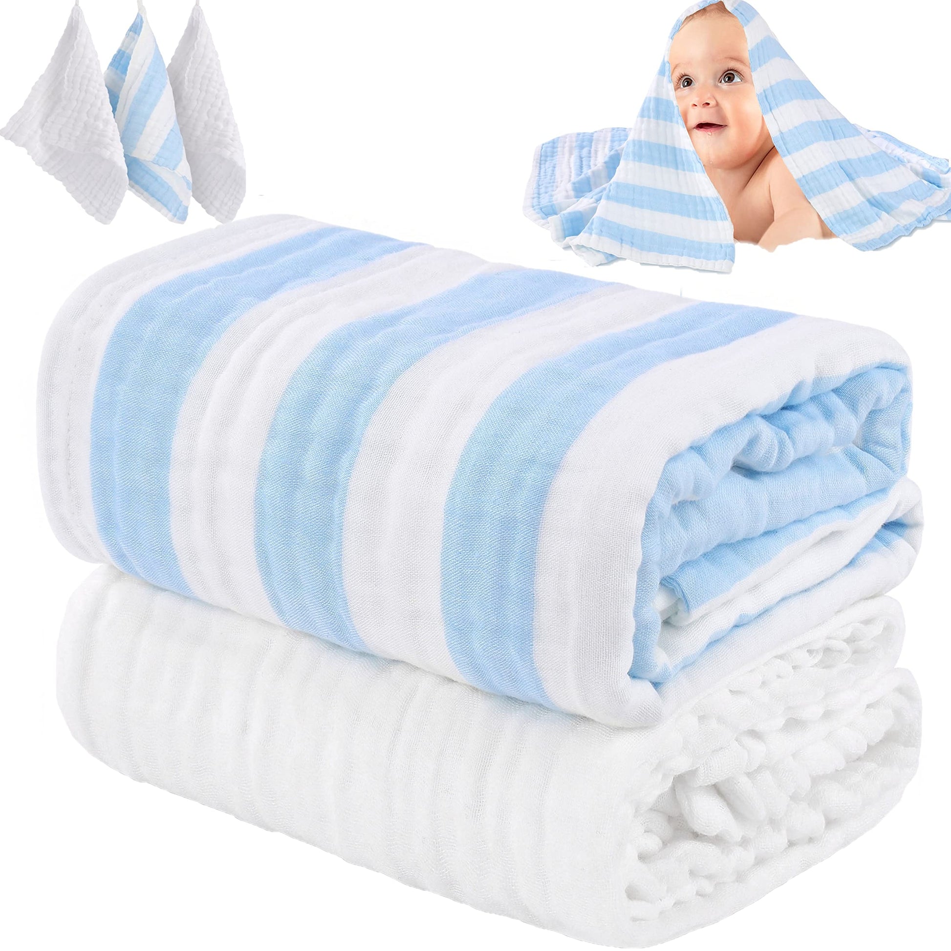 Hardnok Muslin Baby Bath Towel Set, 2 Large Gauze Super Soft Baby Bath Towel And 3 Washcloths, 6 Layers 100% Cotton Infant Towel