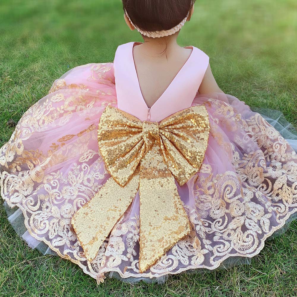 Baby Girls Embroidery Lace Dresses Toddler Ruffles Infant Easter Tutu Birthday Dress With Headwear (Pink,70)
