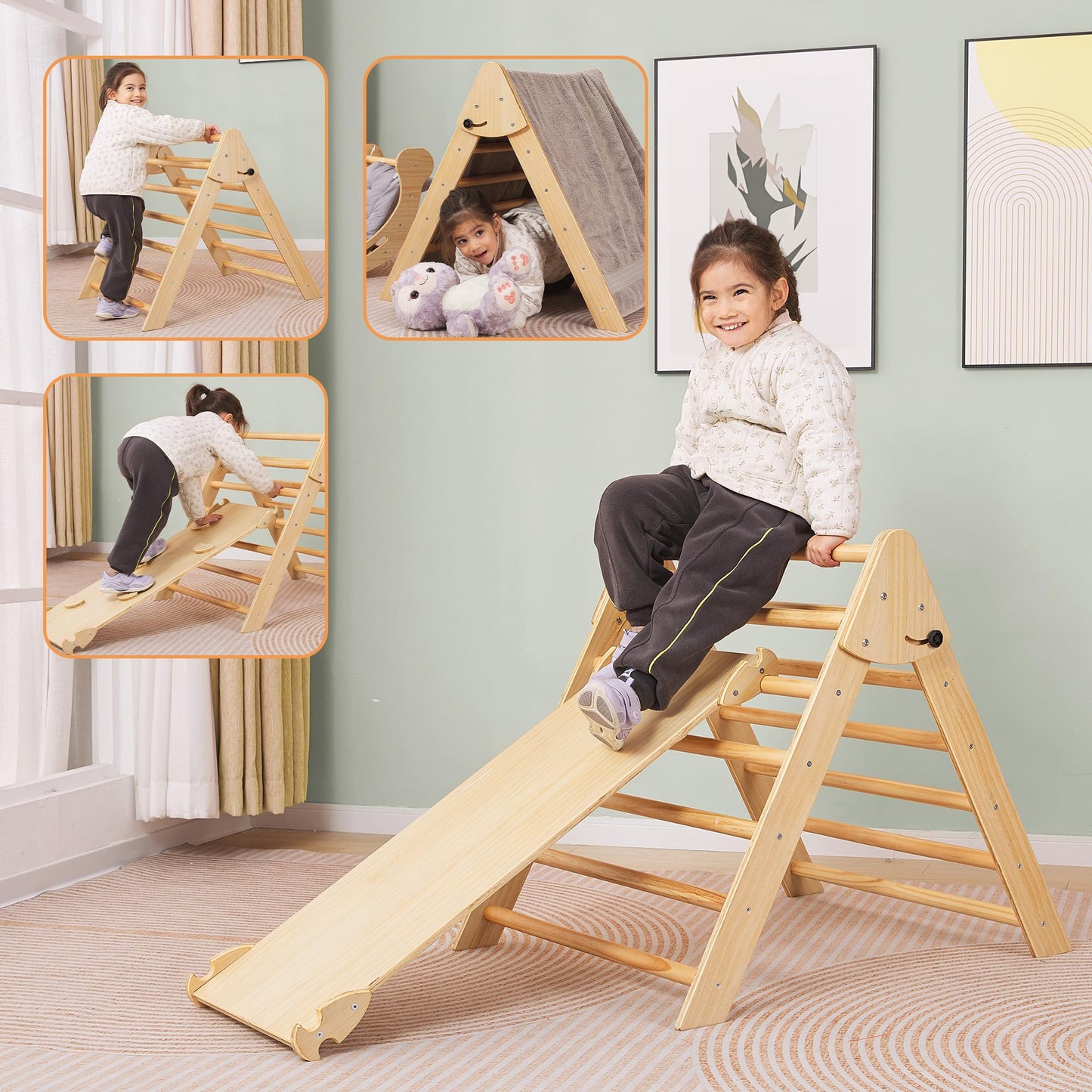 Shwwque Pikler Triangle Set Montessori Climbing Toys For Toddlers Pikler-3 Piece Indoor Playground 3 In 1 Foldable Baby Climbing
