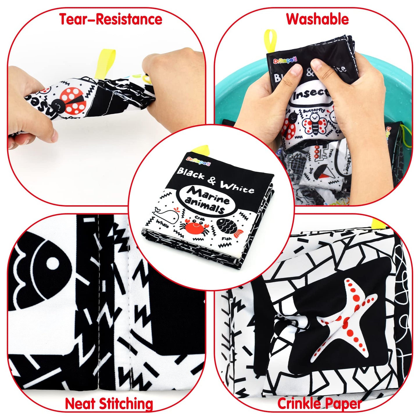 Dr.Rapeti Soft Cloth Book For Baby Infant Toddler Kids 6-Pack High Contrast Black And White Crinkle Washable Non-Toxic Early Edu