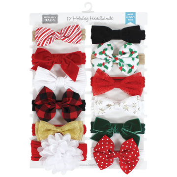 Hudson Baby Infant Girl Cotton And Synthetic Headbands, 12 Days Of Christmas Holly, 0-24 Months