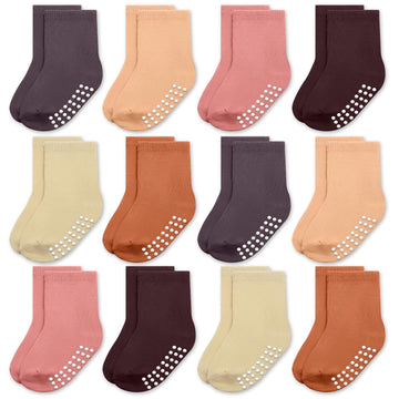 Jakidar 12 Pack Baby Socks Cotton Crew Toddler Socks Grips Non Slip Bottom Kids Socks, Purple Pink Orange Peach Fuzz Khaki 4-7T