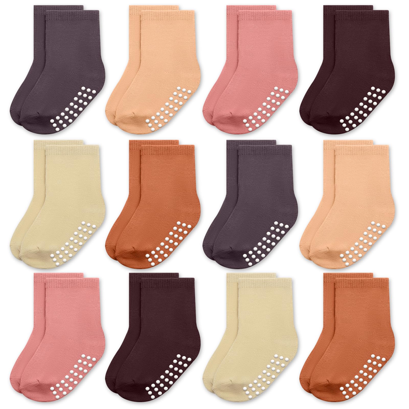 Jakidar 12 Pack Baby Socks Cotton Crew Toddler Socks Grips Non Slip Bottom Kids Socks, Purple Pink Orange Peach Fuzz Khaki 2-4T