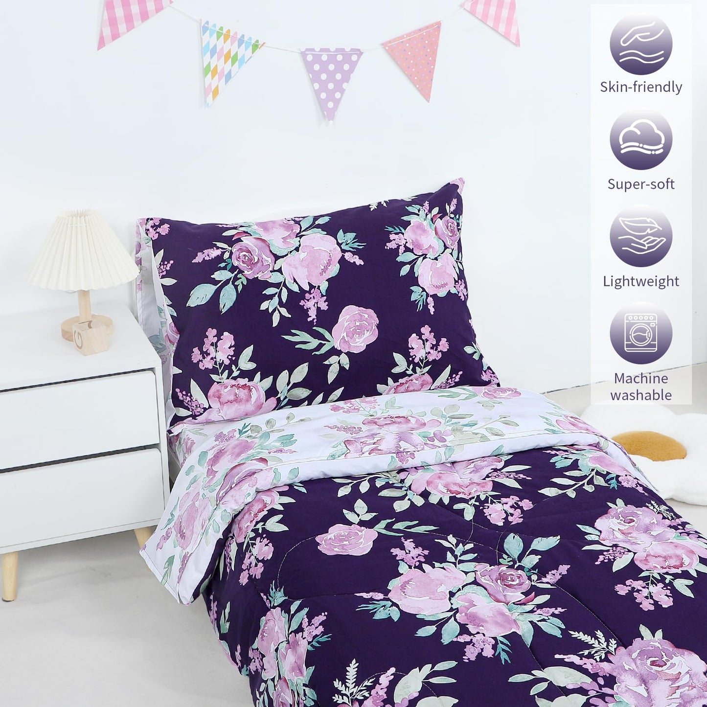 Tanofar 4-Piece Toddler Bedding Sets For Girls - Ultra Soft Purple Floral Toddler Girl Bedding, Reversible Crib Bed Sets, Includ