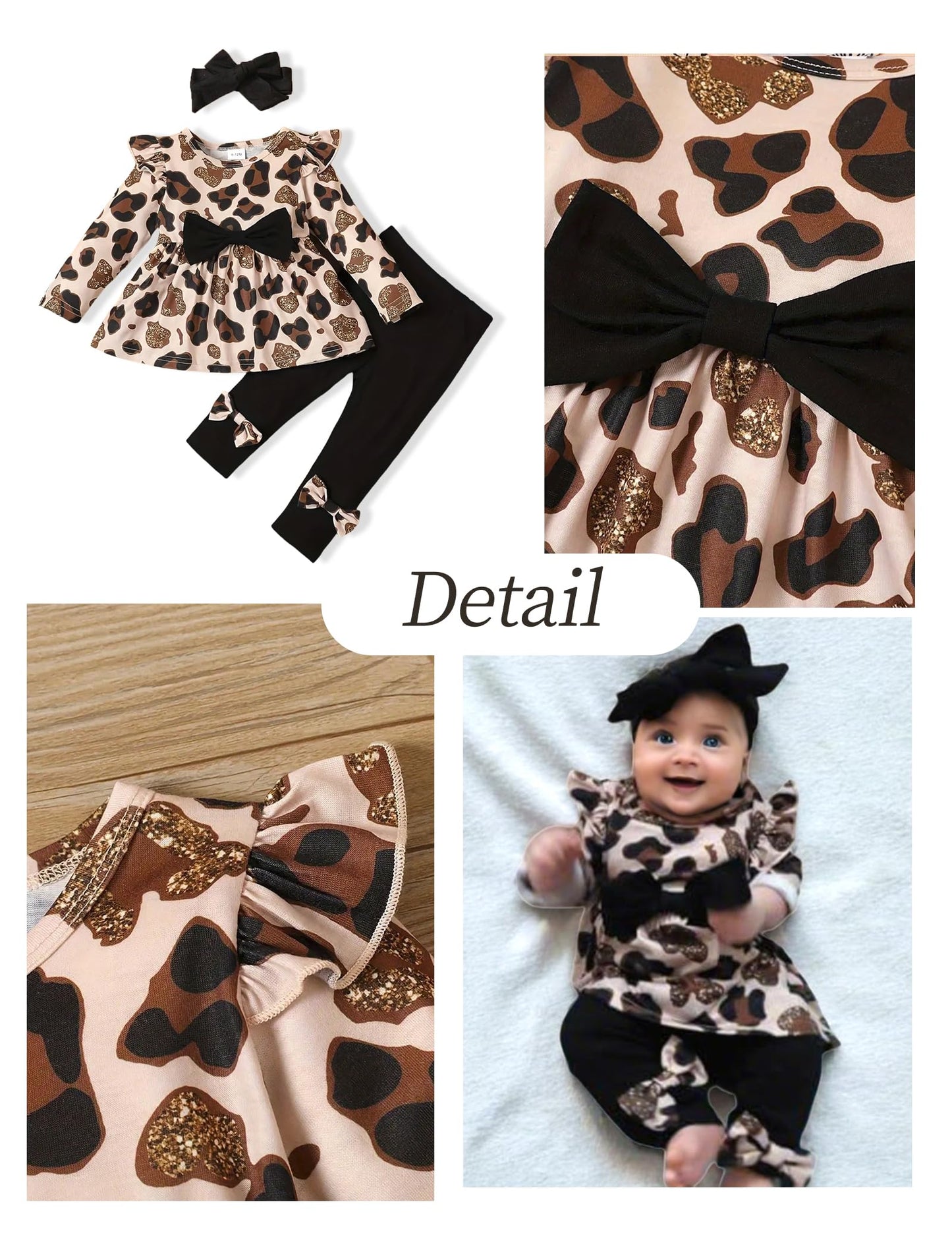 12 Month Girl Clothes Baby Girl Clothes Toddler Girl Outfits Fall Cute Ruffle Leopard Shirt +Solid Black Pants Set Infant Winter