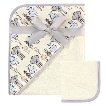 Hudson Baby Unisex Baby Cotton Hooded Towel And Washcloth, Royal Safari, One Size