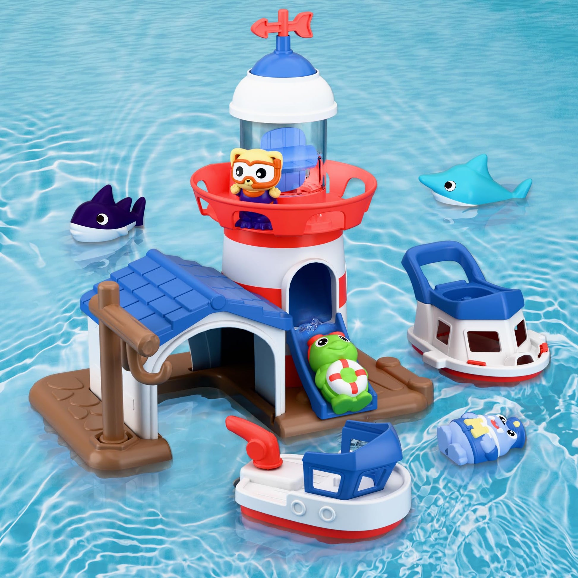 iPlay, iLearn Bath Toys for Toddlers 2-4, Kids Lighthouse Bathtub Shower Toy Set W/ Wind up Swimming Boats, Pool Floating Fish B