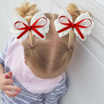 Lmymhmlm 2Pcs Lace Hair Bows For Girls, White Lace And Red Hair Ribbons, Alligator Bow Hair Clips, Handmade Hair Accessories For