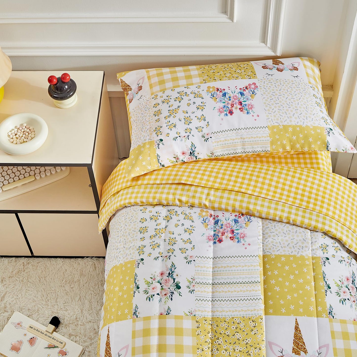 Joyreap 4 Piece Toddler Bedding Set For Girls- Butterflies Flowers Yellow N White Patchwork Design, Microfiber Toddler Bedding C