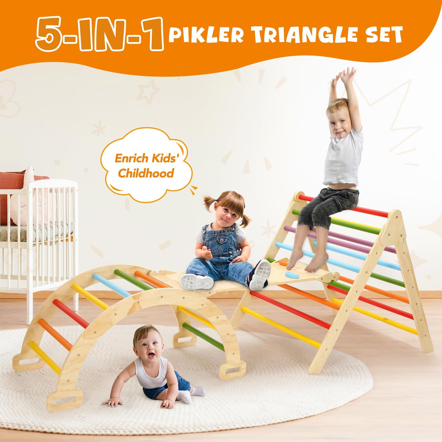 Cozibb Pikler Triangle Set, 5 In 1 Large Wooden Montessori Climbing Toys (Rainbow, Large: 3-6+ Years)