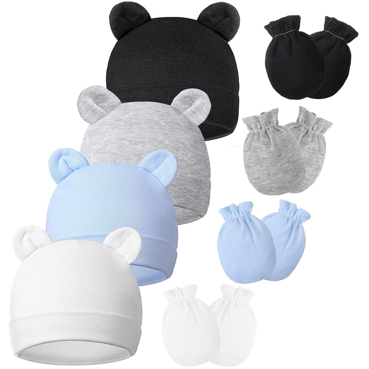 8 Pieces Newborn Baby Hats and Mittens Set, Cute Bear Ears Beanies Infant Beanie Hats No Scratch Baby Mittens Unisex Infant Mitt