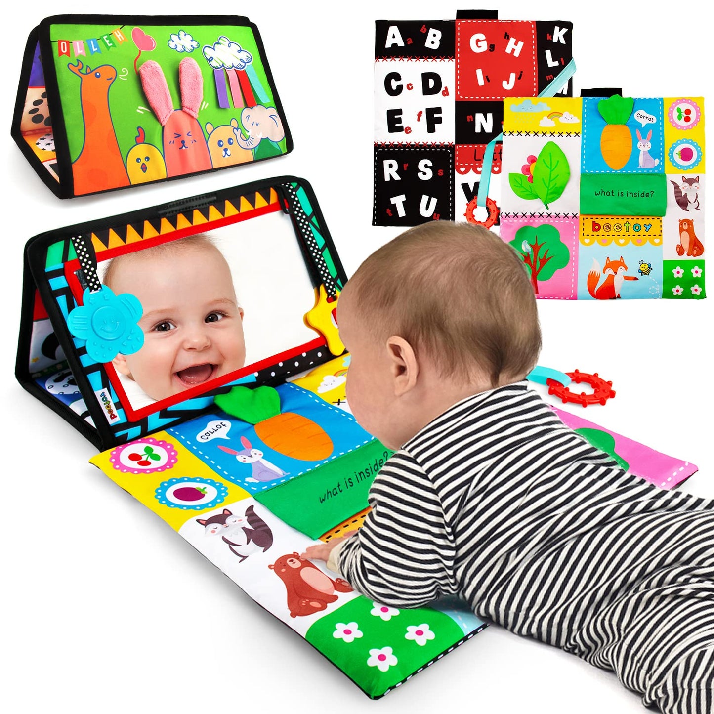 beetoy Tummy Time Baby Mirror Toys with Black and White Pattern, High Contrast 3D Activity Play Crinkle Toys Baby Mirror for New