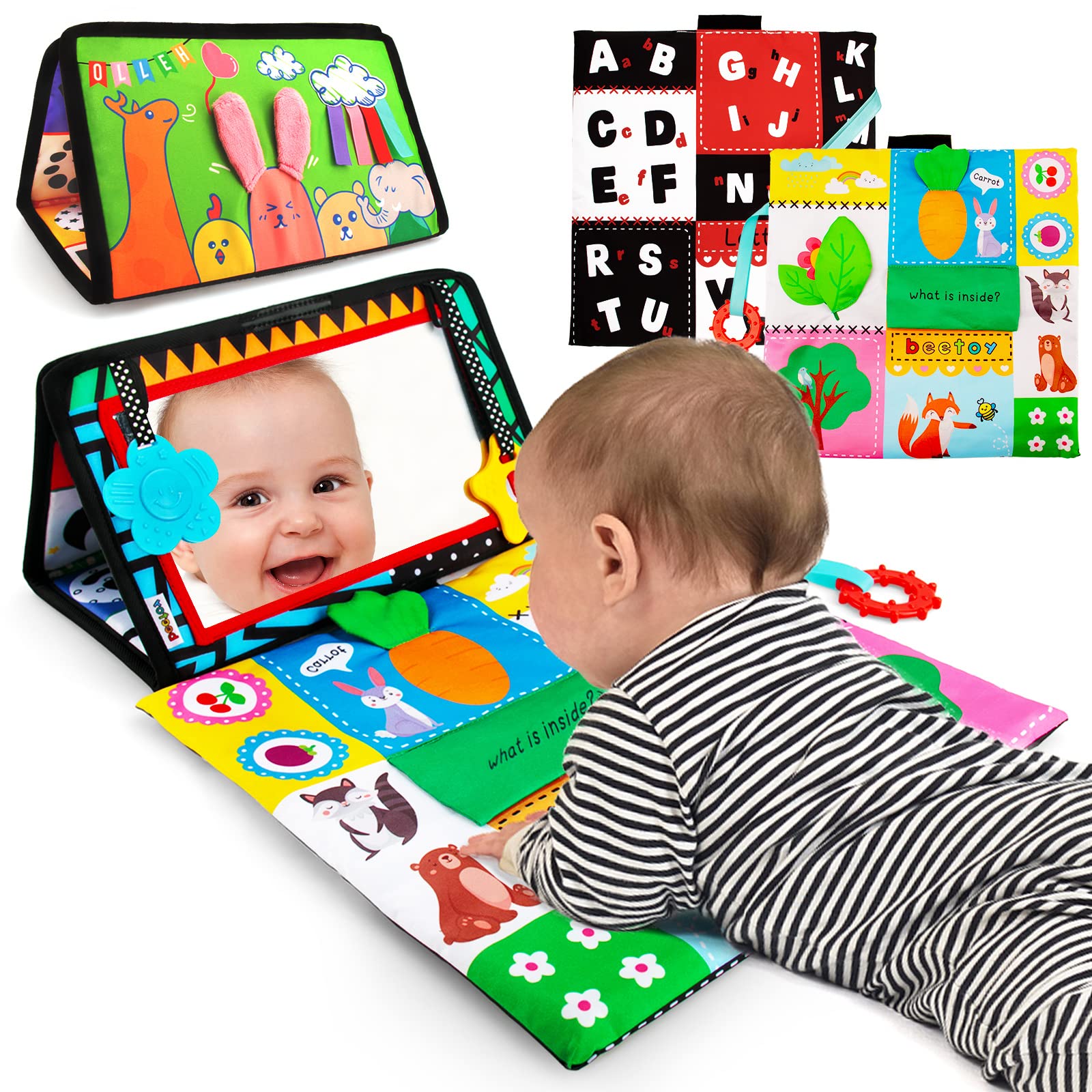 beetoy Tummy Time Baby Mirror Toys with Black and White Pattern, High Contrast 3D Activity Play Crinkle Toys Baby Mirror for New