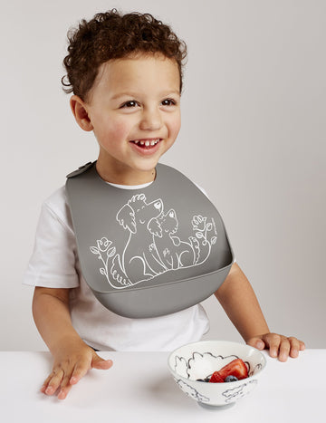 Modern-Twist Bucket-Bib Silicone Baby Bib, No Bpas, Flexible, Dishwasher Safe Bib, Puppy Love, Gray, Pack Of 1