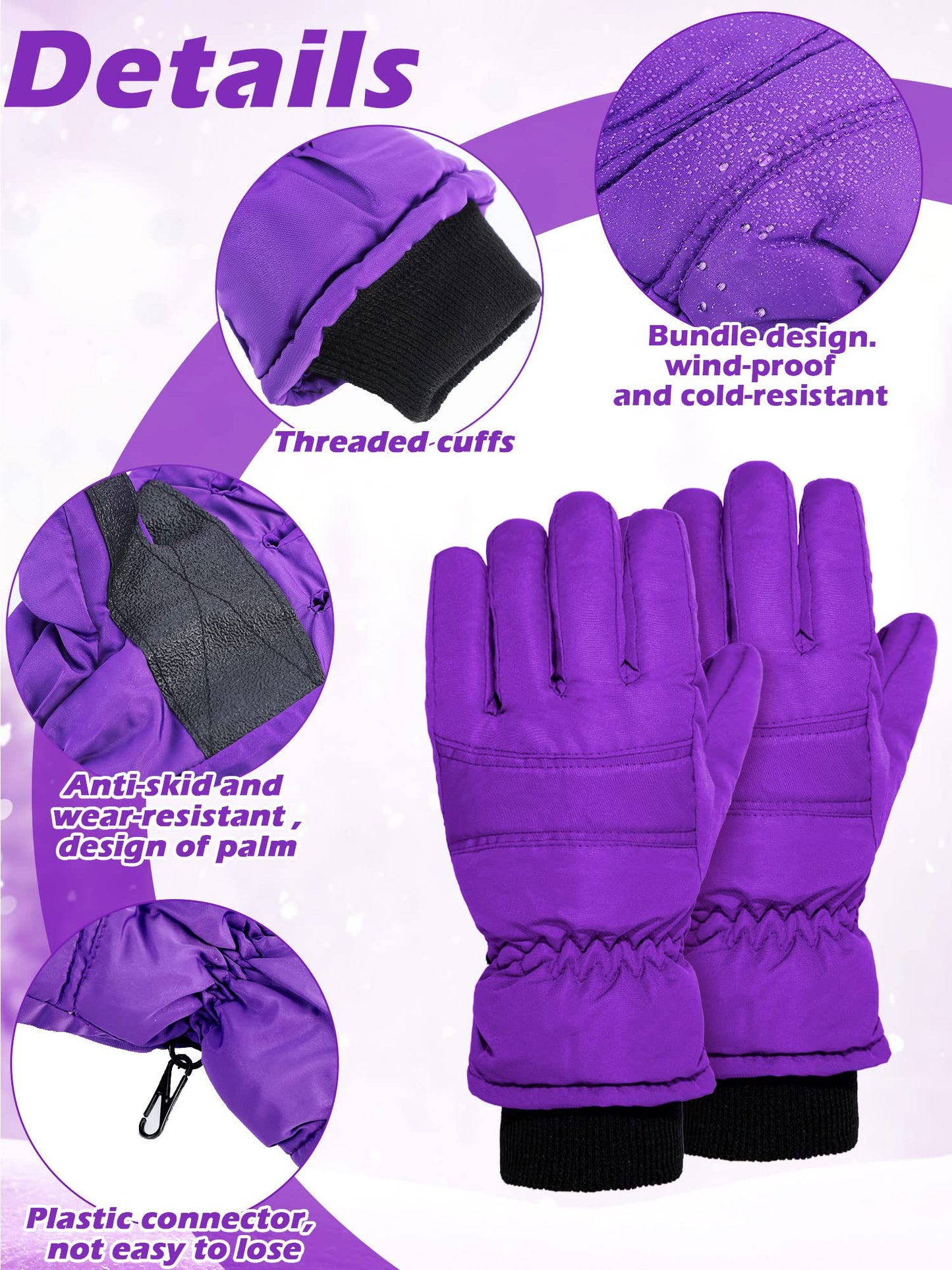 Boao 2 Pairs Kids Winter Ski Gloves Waterproof Warm Snow Mittens Full Finger Gloves For Toddlers Infants (Violet, Rose Red, 1-3