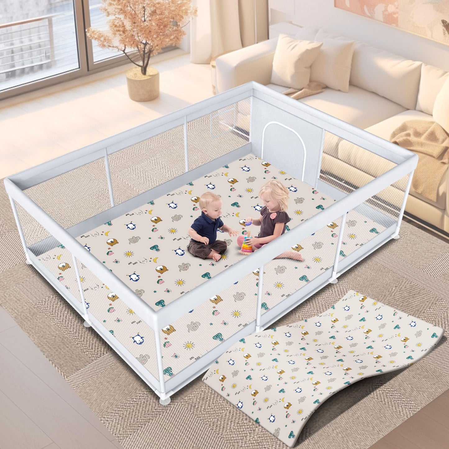 Baby Playpen With Mat 74 ' X 50 ' Large Play Yard Playpen For Babies And Toddlers With External Zipper Door Design Safety Baby