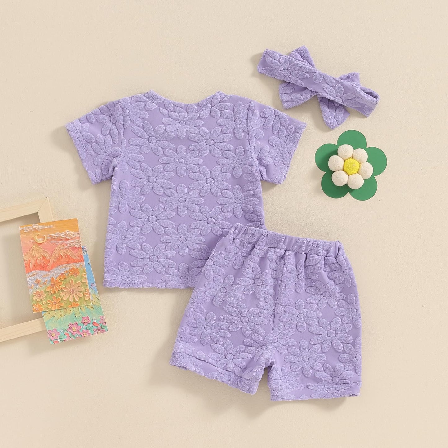 Toddler Baby Girls Daisy Chenille Patch Outfit Short Sleeve T-Shirt Shorts Headband 3Pcs Summer Clothes Set (Purple, 0-6 Months)